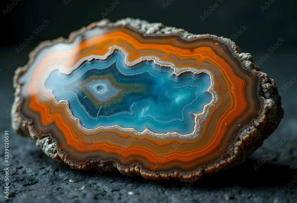 Agate Slice Close-up with Blue Center and Orange Banding Agate Slice Close-up with Blue Center and Orange Banding