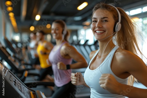 A man and woman working out together on a treadmill in a gym