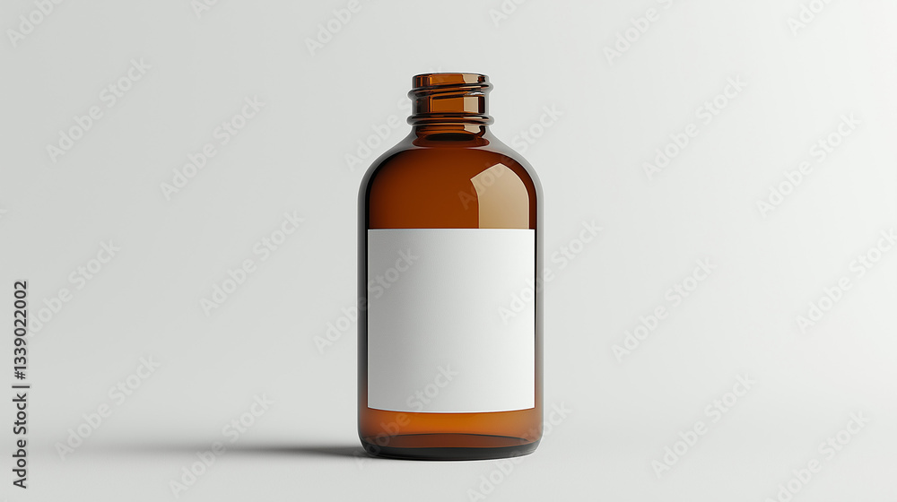 Amber glass bottle with blank label on light background Amber glass bottle with blank label on light background