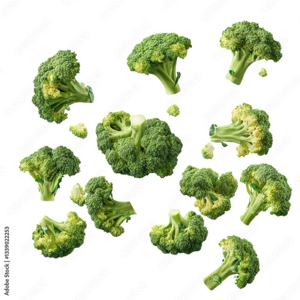 Fresh green broccoli falling isolated on transparent background Fresh green broccoli falling isolated on transparent background