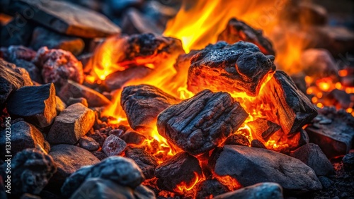 Fiery Embers and Flames on Rough Stone Background - Dramatic Landscape Stock Photo