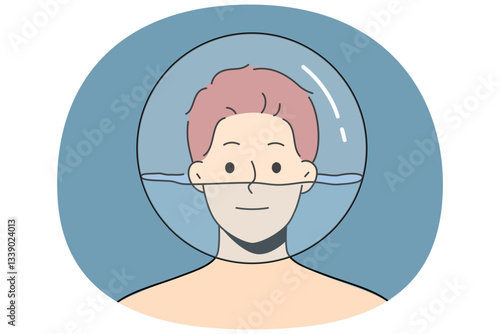 Man with glass ball filled with water on head for concept of psychological problems and need for psychiatrist intervention. Man with face immersed in transparent aquarium smiles looking at screen