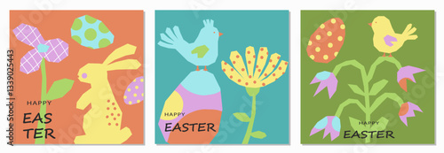 Happy Easter .Set of cute square cards. Cut out naive Easter eggs, flowers, rabbit, chicken and bird. Colorful elements on terracotta, green and blue. Minimalist style Easter templates. Vector 
