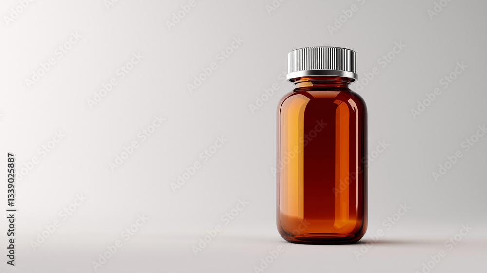 Amber glass bottle with a silver cap on a neutral background Amber glass bottle with a silver cap on a neutral background