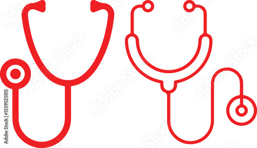 Red medical stethoscopes, minimalist line art, healthcare symbols, simple vector illustration, bold outlines, graphic design style, flat color,