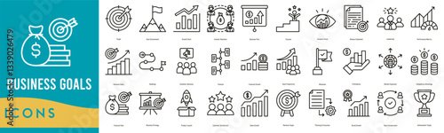 Business Goals icon set. Target, Goal Achievement, Growth Chart, Investor Relations, Business Plan, Success and Company Vision
