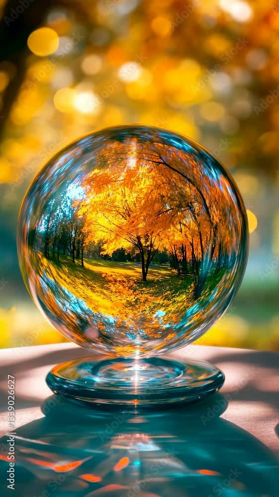 Beautiful autumn scenery captured inside a crystal sphere reflecting vibrant trees and colorful leaves Beautiful autumn scenery captured inside a crystal sphere reflecting vibrant trees and colorful leaves