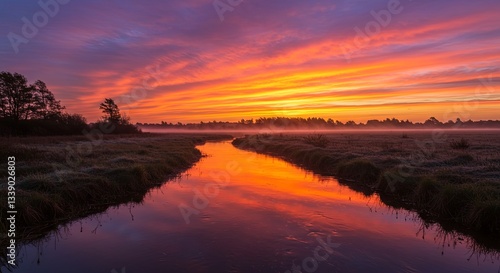 A beautiful sunset over a river with a reflection of the sky on the water