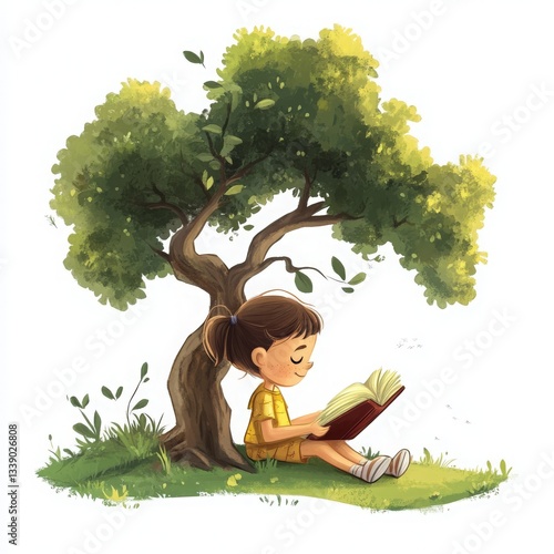 Girl Reading Book Under Green Tree Sunlight Digital Painting Illustration