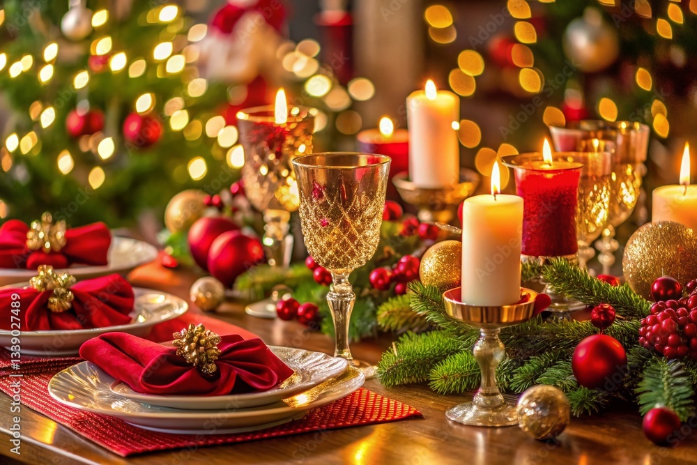 Festive Christmas Table Setting: Close-up of Elegant Home Decor with Candles and Ornaments Festive Christmas Table Setting: Close-up of Elegant Home Decor with Candles and Ornaments