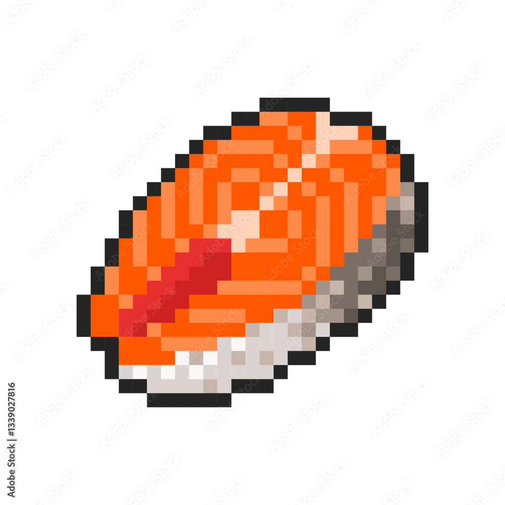 Fototapeta premium Pixel raw salmon steak isolated on transparent background. Pixelated badge, game asset or computer arcade item. Red fish icon. Vector pixel art illustration in 16 bit old style.