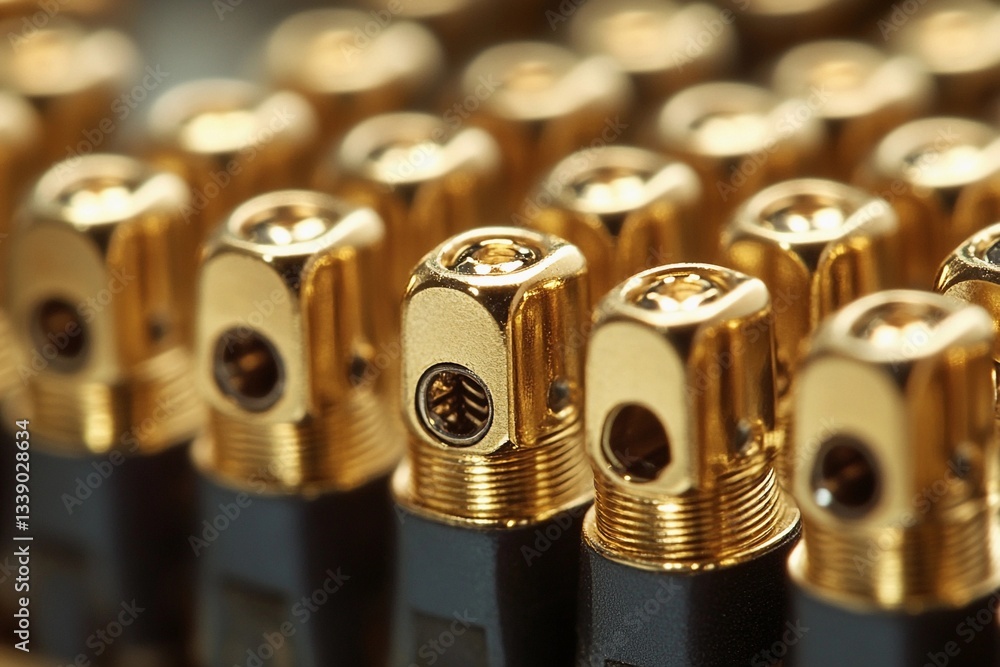 Close-up view of detailed golden connectors arranged in a precise pattern Close-up view of detailed golden connectors arranged in a precise pattern