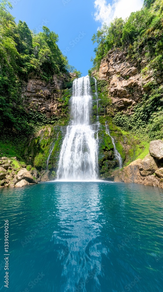 Fototapeta premium Majestic Waterfall Cascading into Tranquil Pool Lush Jungle Nature Photography Serene Environment Captivating Viewpoint