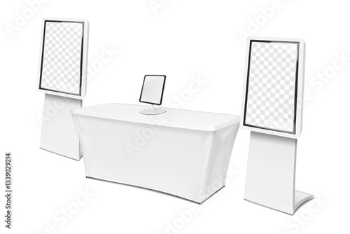 Exhibition set template. Tradeshow blank white stretch cover table for brand design, desktop digital tablet stand, interactive touch screen kiosk floor stands. Mockup. Trade show kit. Vector mock-up