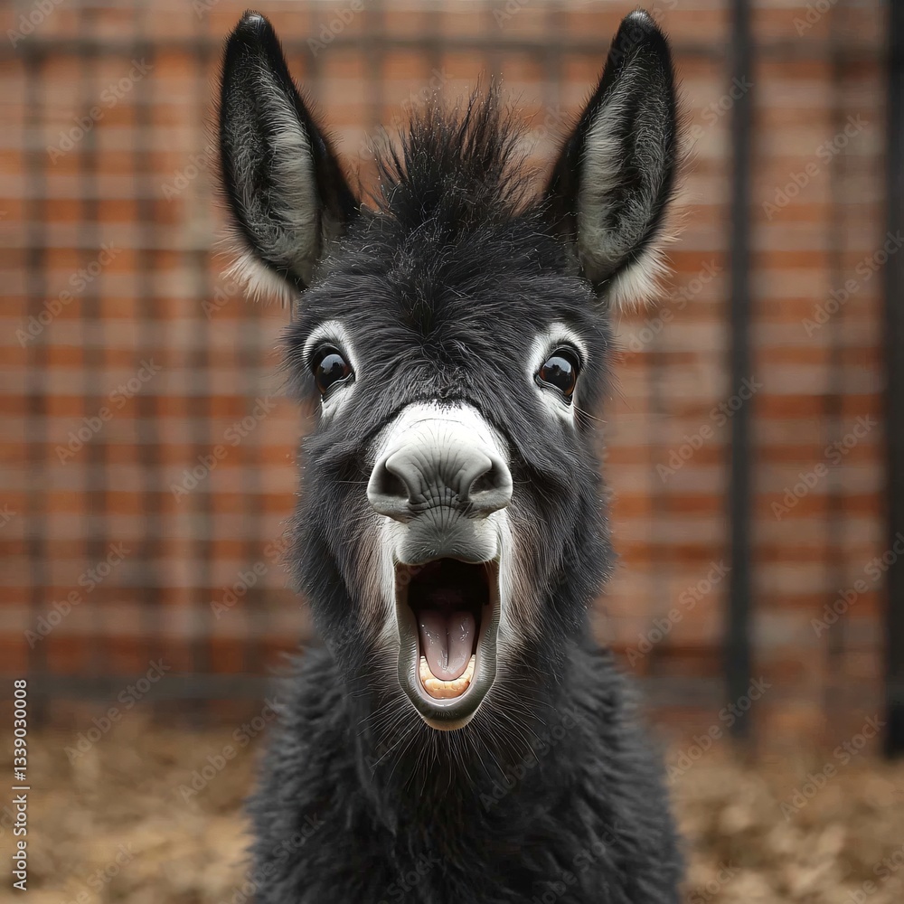 Fototapeta premium Playful donkey with expressive face standing in front of a rustic brick wall, showcasing lively personality