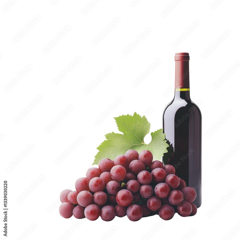 Obraz premium Wine bottle and red grapes with green leaves, isolated on white background.