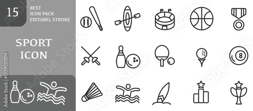 Set of Sport icons. Icons Contains baseball, kayak, stadium, table tennis, swimming, bowling, etc . Design elements for you projects. Editable stroke vector illustration