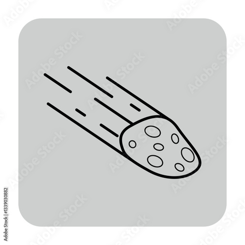 Line drawing of meteoroid moving swiftly through dark sky. Motion illustrated with speed lines and rocky texture on meteoroid