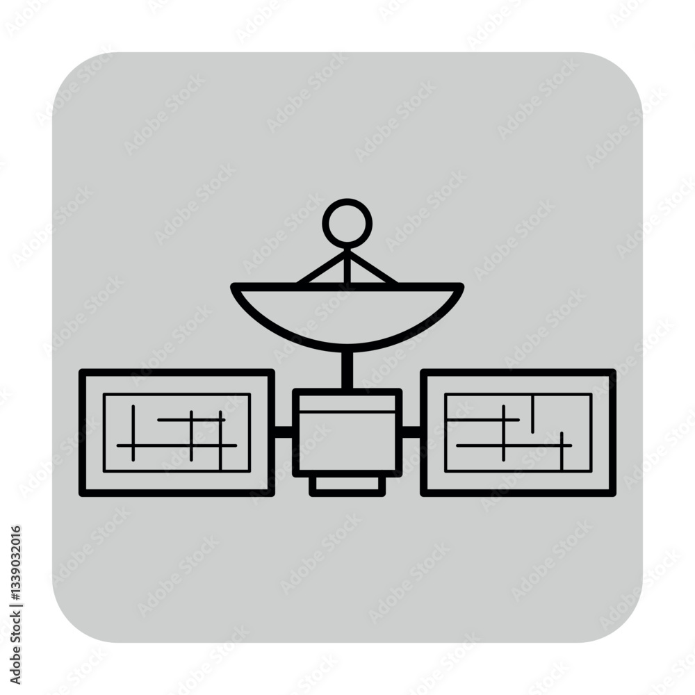 Satellite communication icon, showcasing satellite dish positioned above solar panels. Connectivity concept