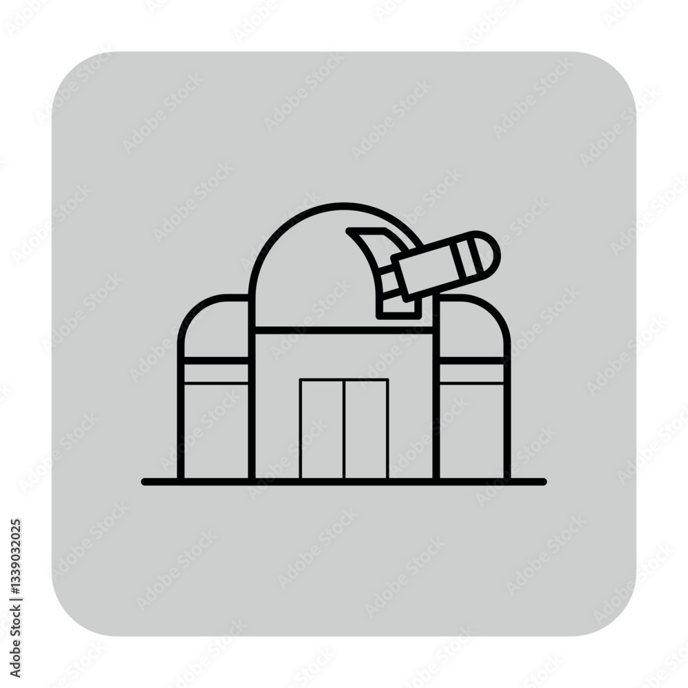 Simple line icon of observatory building with dome and telescope, symbolizing location for astronomical observations