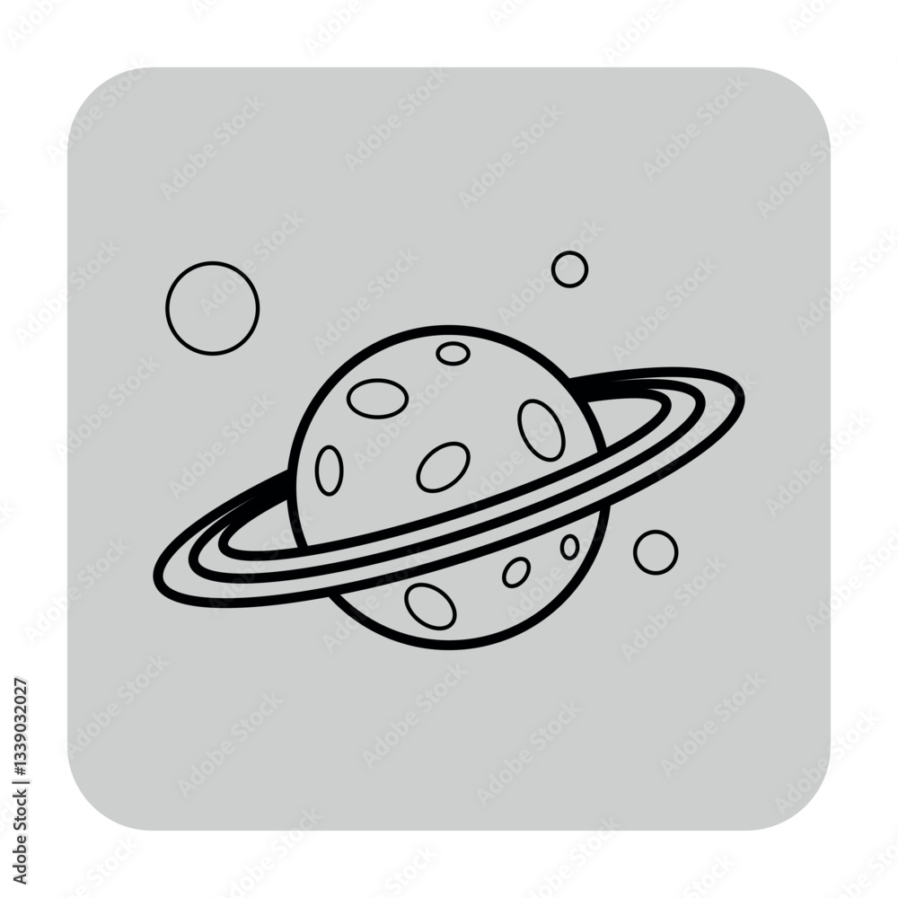 Illustration of planet surrounded by rings and smaller celestial bodies. Cosmos concept