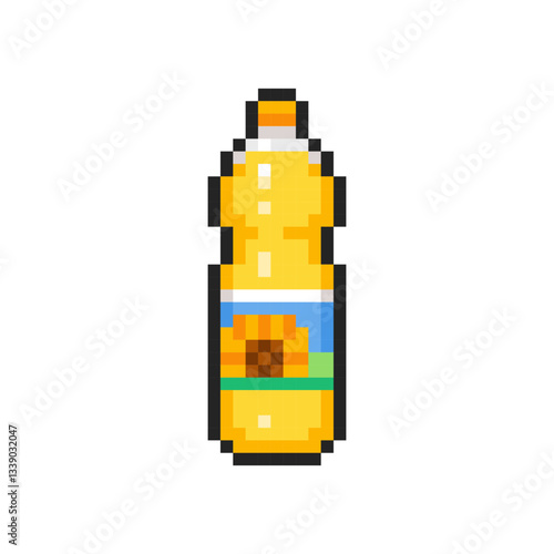 Pixel plastic bottle with sunflower oil isolated on transparent background. Pixelated badge, game asset or computer arcade item. Cooking oil icon. Vector pixel art illustration in 16 bit old style.