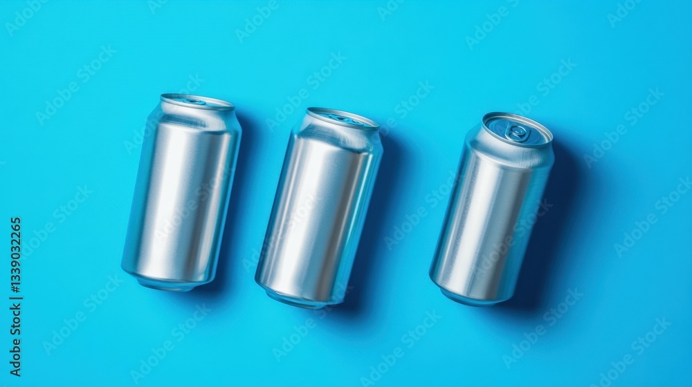 Three aluminum beverage cans for soda, beer, energy drinks, arranged in creative composition on vibrant blue background. Mockup. Ideal for branding and product placement with focus on minimalism Three aluminum beverage cans for soda, beer, energy drinks, arranged in creative composition on vibrant blue background. Mockup. Ideal for branding and product placement with focus on minimalism
