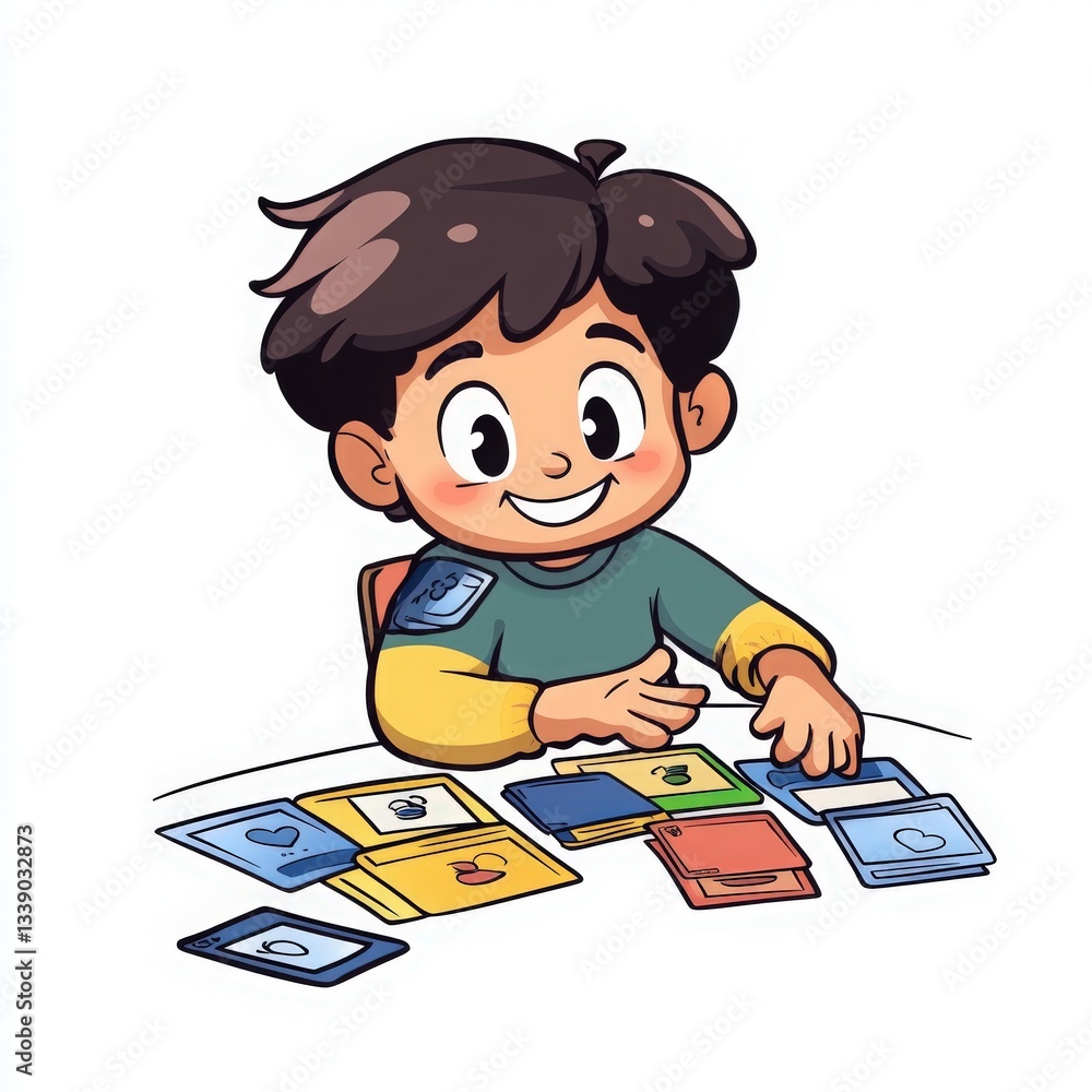 Happy Boy Playing Colorful Cards at a Table Happy Boy Playing Colorful Cards at a Table