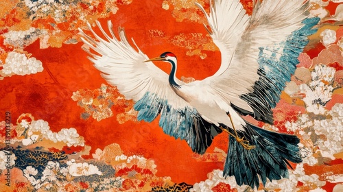 Traditional japanese kimono textile pattern style with crane element