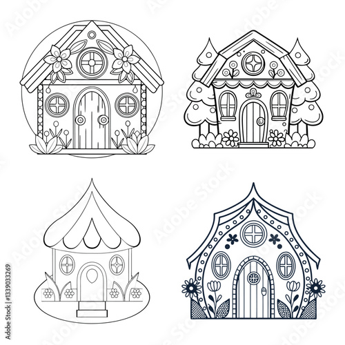 Hand drawn cute fairy house vector illustration coloring page for kids