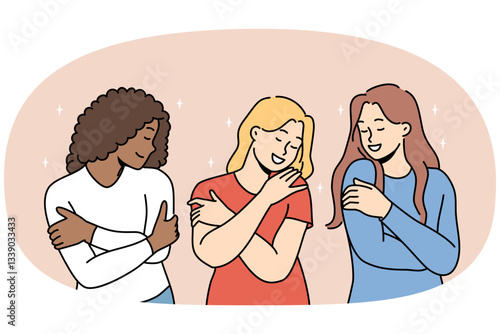 Various women hug themselves demonstrating narcissism and ignoring people around them. Concept of narcissism in society and introverted character of multinational girls in need of support