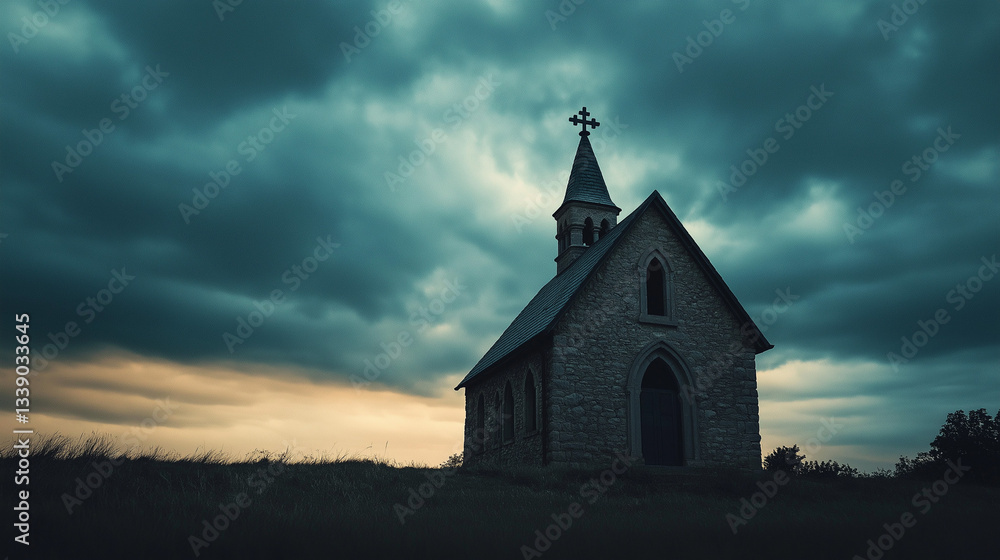 Fototapeta premium Old stone church silhouette against dramatic cloudy sky