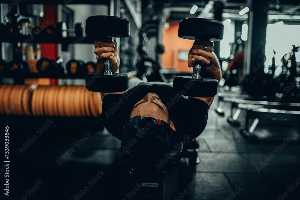 Hombre de 30 años haciendo ejercicio en un gimnasio de Bogotá, Colombia