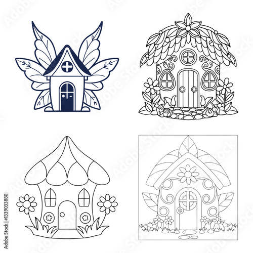 Hand drawn cute fairy house vector illustration coloring page for kids