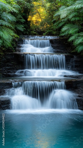 Serene Multi-Tiered Waterfall Cascading in Lush Green Forest Nature Photography Peaceful Atmosphere Close-Up View