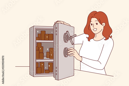Woman accumulates capital by putting gold coins in safe to become rich and independent. Girl uses capital accumulation to avoid financial turmoil and inflationary losses caused by crisis