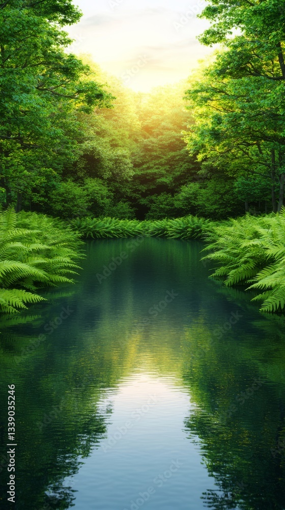 Obraz premium Serene Pond Surrounded by Lush Greenery Tranquil Nature Scene Early Morning Light Reflective Water Peaceful Environment