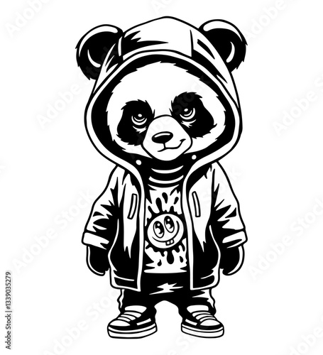 Cool panda in hoodie and sneakers illustration. Black and white urban street style art, perfect for clipart, silhouette, cut files, stickers, prints.