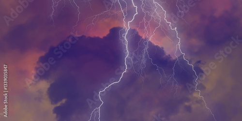 Mountainous Cumulus Clouds Boiling in the Summer Sky. White cloudiness, mist or smog overlay backgrounds. Wide sky and clouds dark tone. Dark cloud at evening sky with thunder bolt.