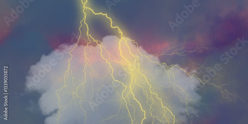 Mountainous Cumulus Clouds Boiling in the Summer Sky. White cloudiness, mist or smog overlay backgrounds. Wide sky and clouds dark tone. Dark cloud at evening sky with thunder bolt.