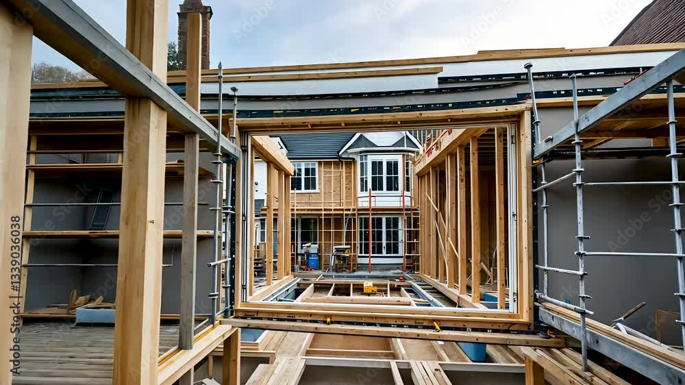 Wooden house frame under construction with scaffolding and exposed beams in a sunny environment.
Wooden house frame under construction with scaffolding and exposed beams in a sunny environment.
