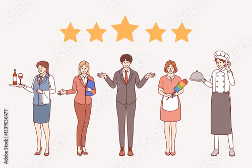 Hotel team stands behind five stars, inviting guests to book room and promising perfect service. Smiling hotel administrator standing near waiter and hostess or maid and cook from catering industry