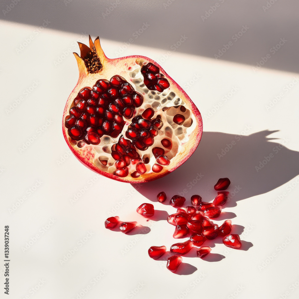 Half pomegranate with scattered seeds on white surface in bright light Half pomegranate with scattered seeds on white surface in bright light