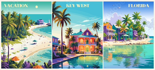 Set of Florida, USA travel destination posters in retro style. Beautiful american sescape colorful vector illustration
