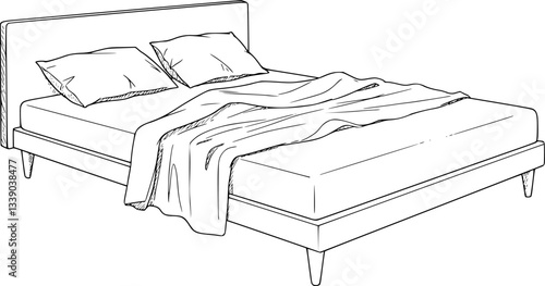 Minimalist bed sketch, black and white line drawing, modern furniture illustration, simple bedroom decor, clean linework, unmade bed with rumpled sheets, two pillows, wooden headboard, tapered legs 