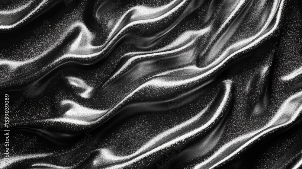 Fototapeta premium Abstract image of black fabric with sparkling silver glitter, flowing and wavy texture. Dark background with shimmering light effects