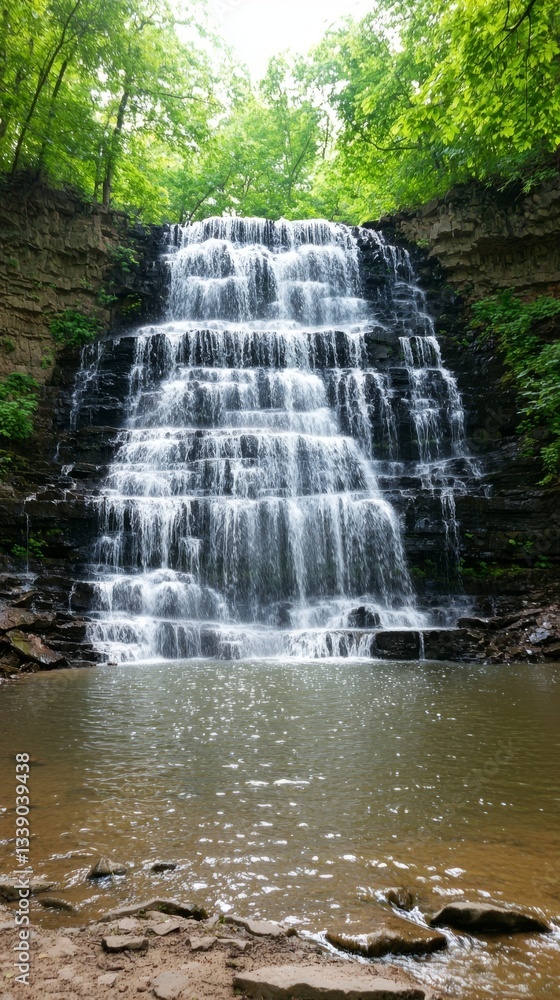Obraz premium Serene Cascading Waterfall Adventure Lus National Park Scenic Nature Photography Tranquil Forest Setting Ground View Natural Beauty