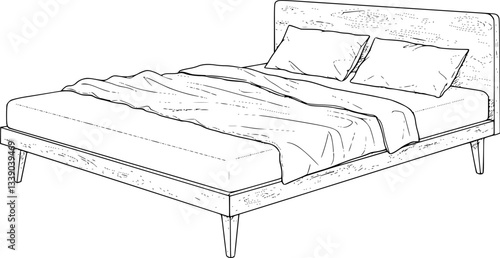 Minimalist bed sketch, black and white line drawing, modern furniture illustration, simple bedroom decor, clean linework, unmade bed with rumpled sheets, two pillows, wooden headboard, tapered legs 