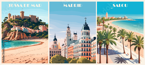 Set of Spain travel destination posters in retro style.  Beautiful seascape of Costa Dorada, Madrid cityscape vector art colorful illustrations