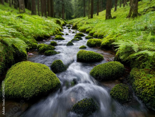 Flowing Serenity Forest Stream Over Mossy Rocks in Lush Green Landscape Nature Photography Tranquil Environment